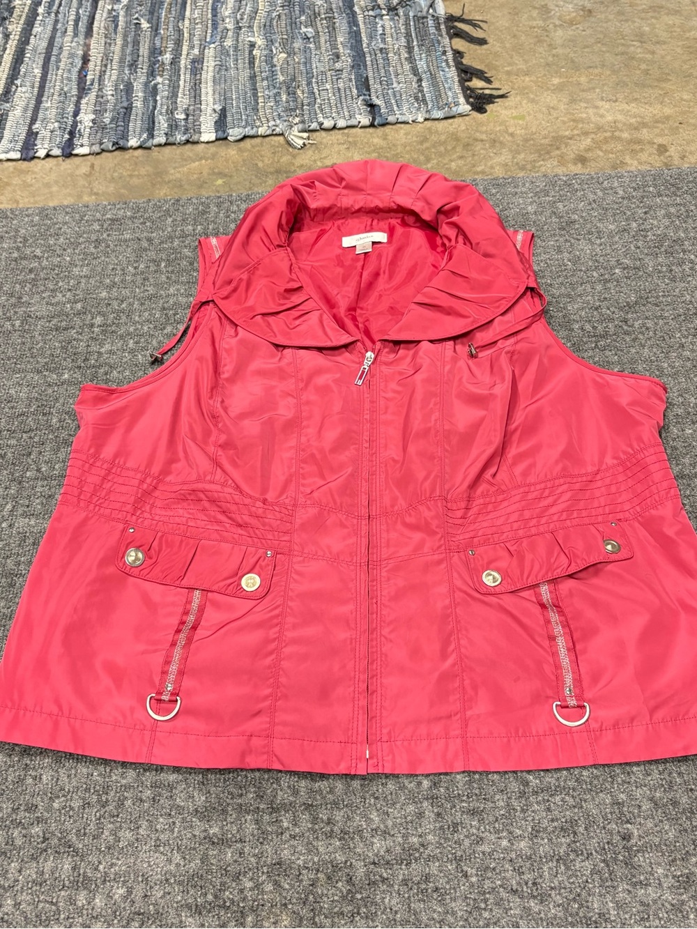 Hot Pink Plus Vest Ruffle Collar Full Zip Utility Pockets